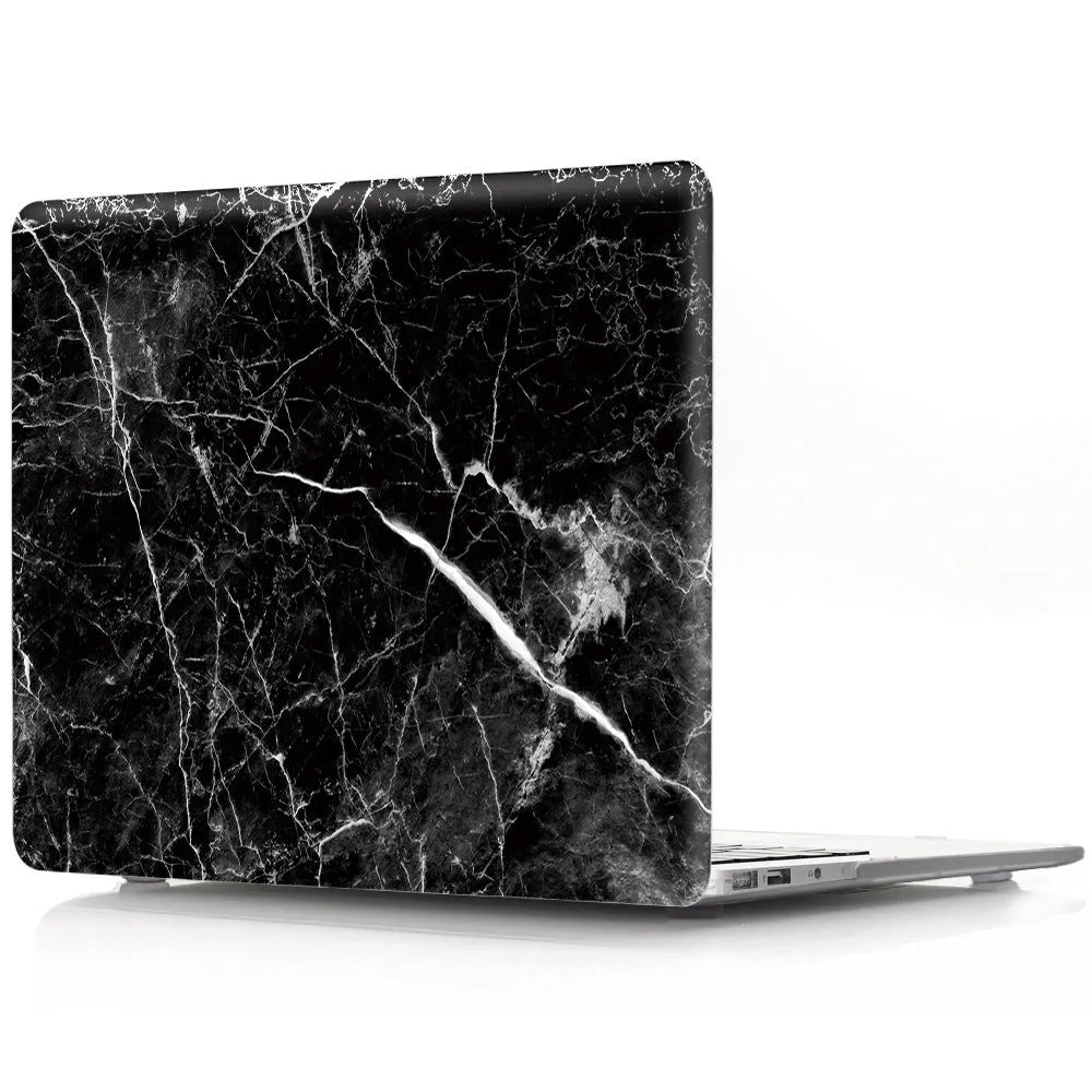 Plastic MacBook protective case in a marble pattern colour, shown next to a compatible Apple laptop.