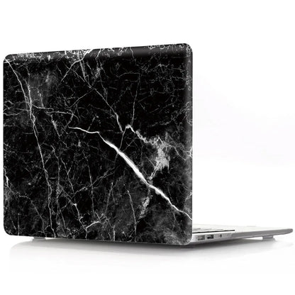 Plastic MacBook protective case in a marble pattern colour, shown next to a compatible Apple laptop.