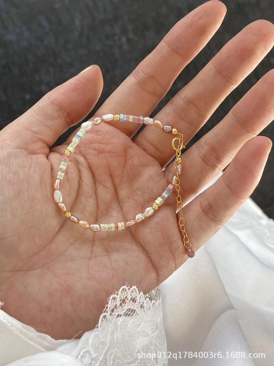 Purple natural pearl bracelet and necklace set with 14K gold plating and U-shaped design