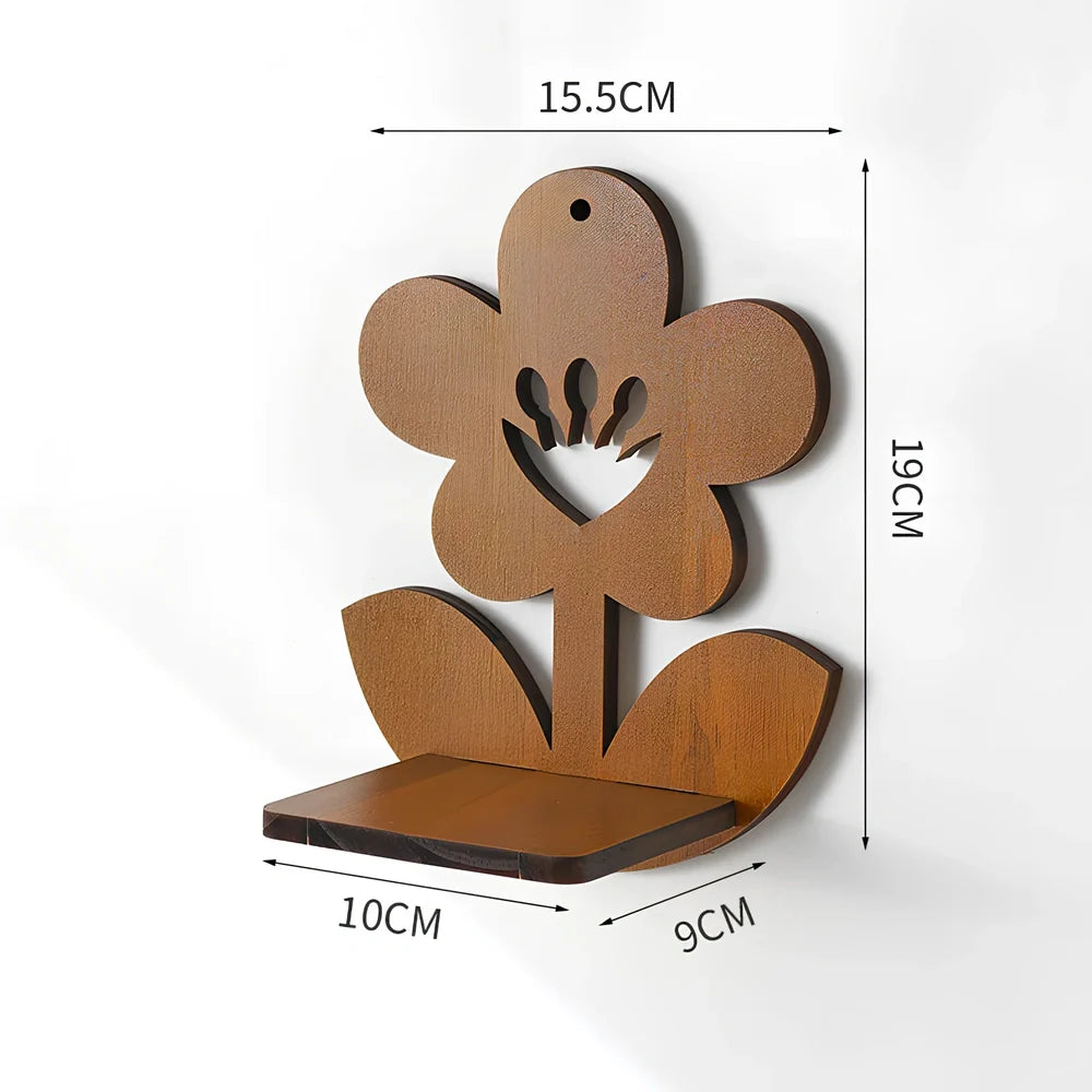 Solid wood wall shelving with irregular shape displaying plants in water bottle reservoirs with retro castle design