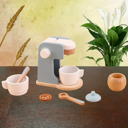 Wooden children's playhouse toys with Maca Dragon design, including kitchen-themed pieces for imaginative play