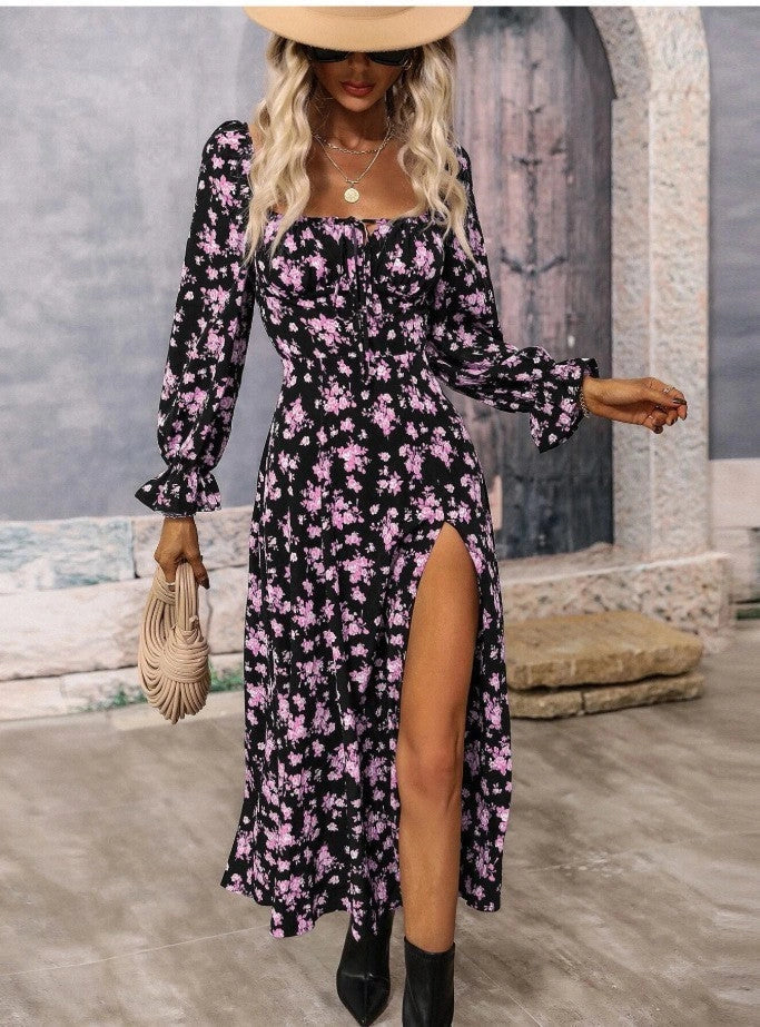 Charming floral long sleeve dress with square neckline and side slit for stylish women