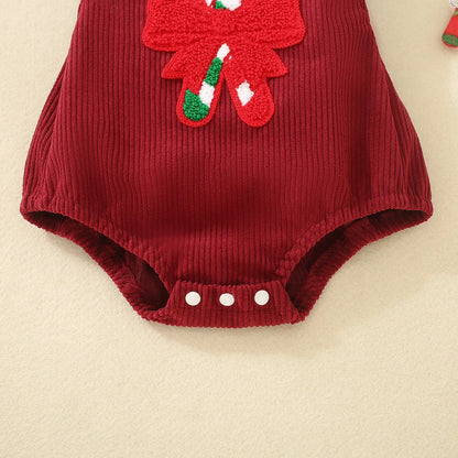 Red Christmas embroidered winged triangle romper for infants and toddlers, sleeveless cotton crawl suit, sizes 70cm to 100cm.