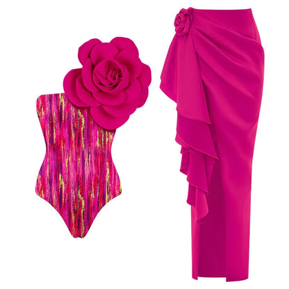 One-piece swimsuit with three-dimensional flower pattern in European and American fit.