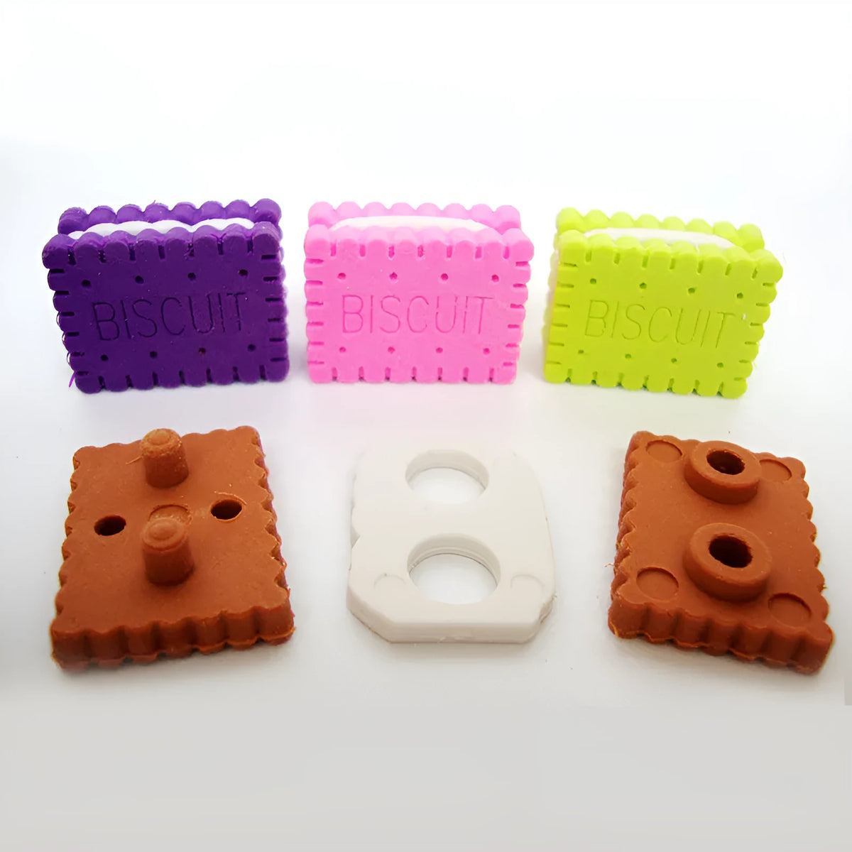Sandwich biscuit shaped novelty eraser in brown, pink, green, or purple colours for DIY and decoration.