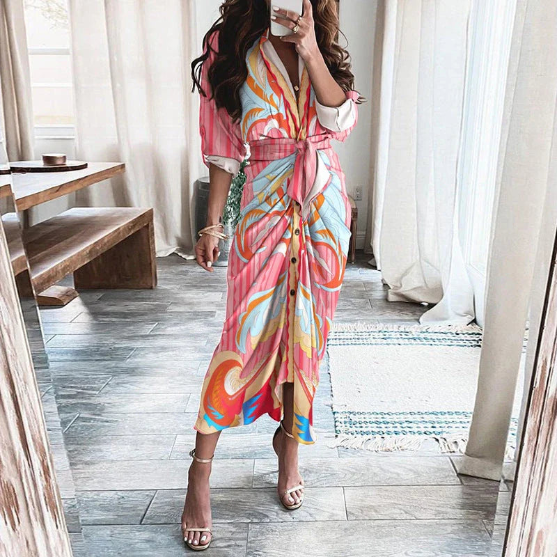 Elegant Floral Print Lace-Up Maxi Dress with Deep V-Neck, Long Sleeves, and Flattering Silhouette