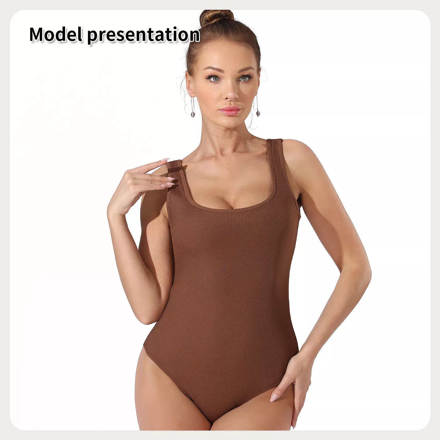 Women's solid color bodysuit in black and coffee, featuring stretchable fabric for a comfortable fit.