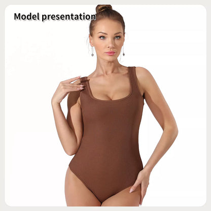 Women's solid color bodysuit in black and coffee, featuring stretchable fabric for a comfortable fit.