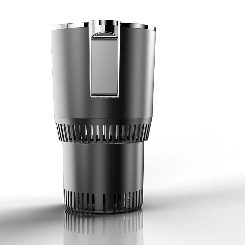 Black smart car cup holder with digital temperature display for heating and cooling drinks