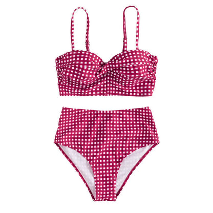 A rose red plaid high-waisted bikini swimsuit for women, showing the top and split-leg briefs.