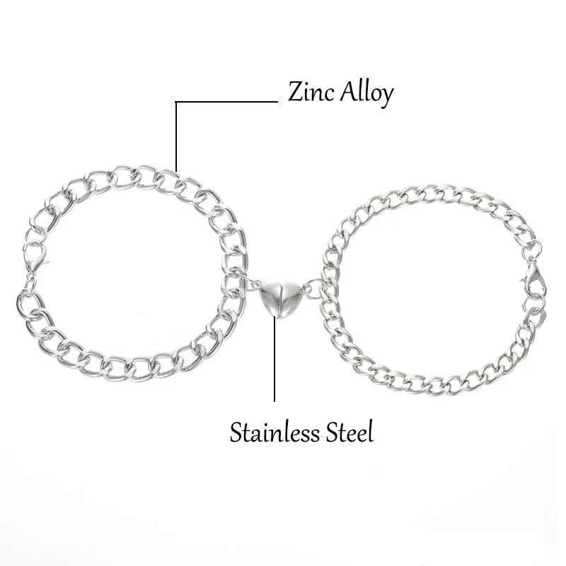Silver magnetic couple bracelet with heart charm and NK chain, stainless steel and zinc alloy, 18cm or 20cm