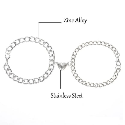 Silver magnetic couple bracelet with heart charm and NK chain, stainless steel and zinc alloy, 18cm or 20cm
