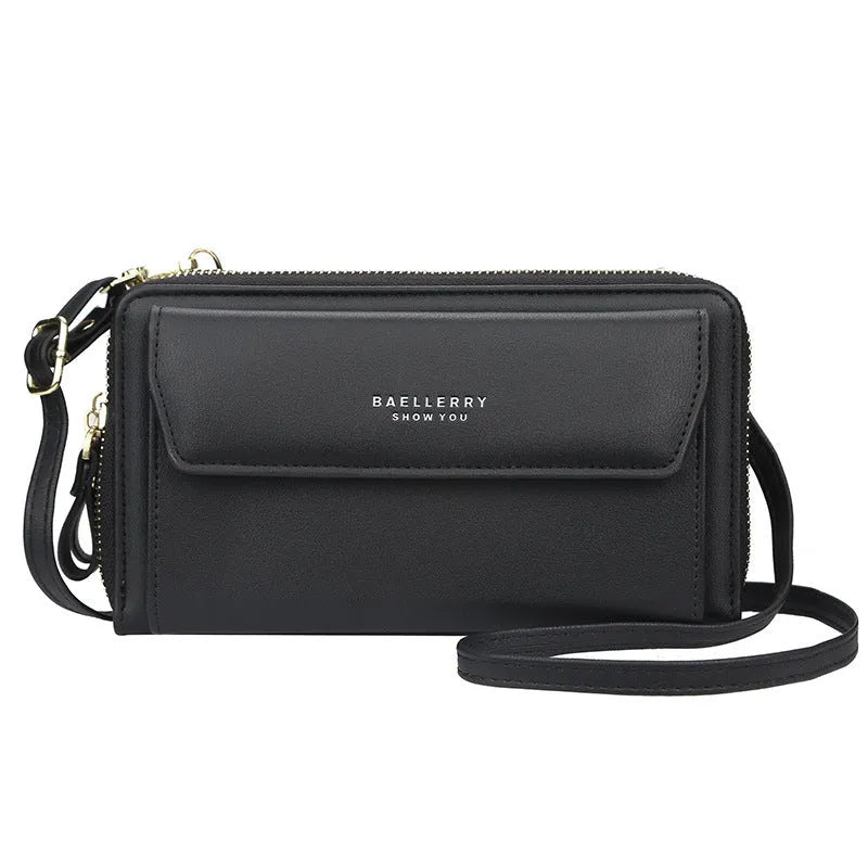Ladies long wallet double zipper messenger bag in soft PU leather, shown in available colours