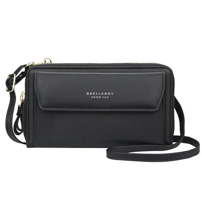 Ladies long wallet double zipper messenger bag in soft PU leather, shown in available colours