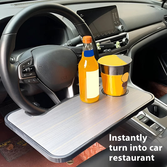 Black ABS plastic car steering wheel tray functioning as a laptop stand and dining table