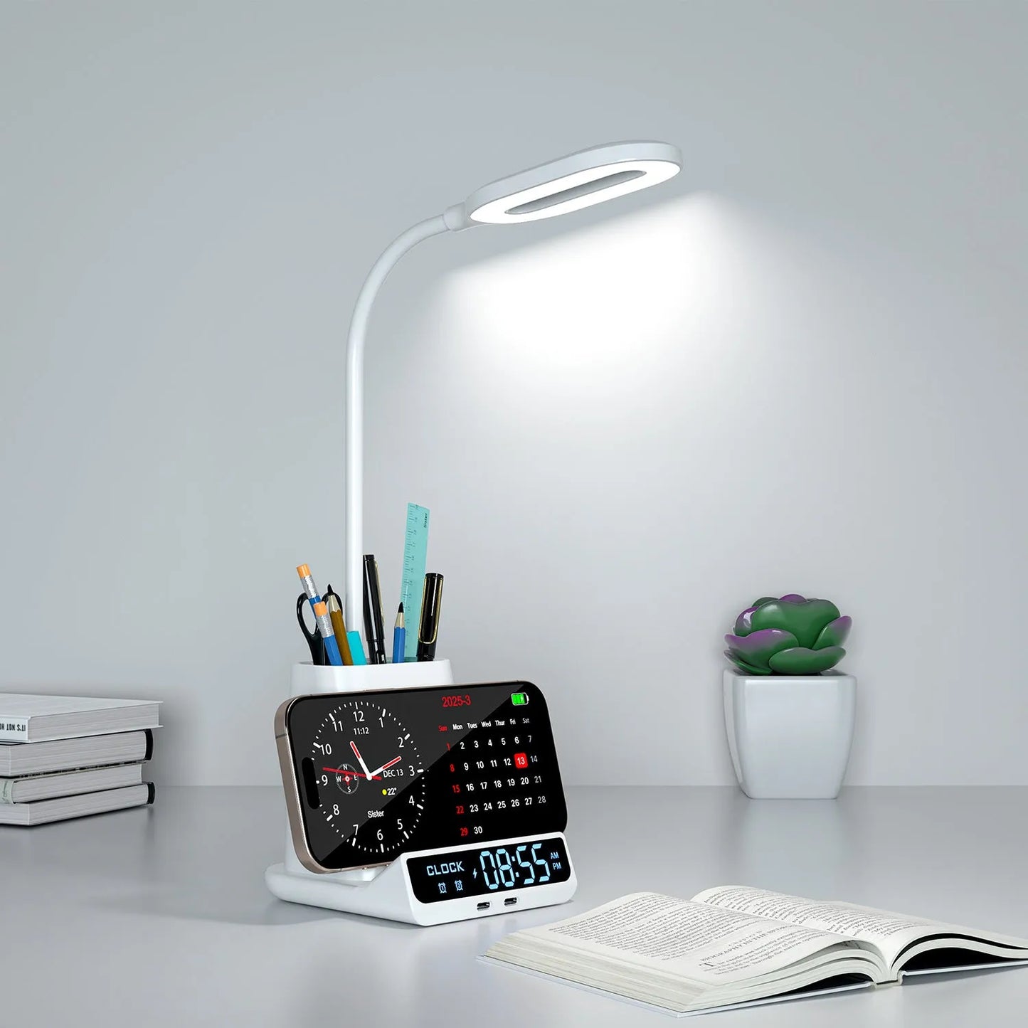 Black wireless charging desk lamp with pen holder, storage box, and USB port on modern desk