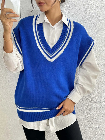 Women's college style acrylic pullover vest sweater in black, blue, and coffee colours with loose free size fit