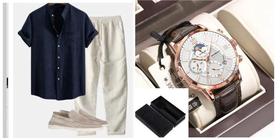 Men's blue slim-fit short-sleeved shirt with stand collar, part of a casual set with pants and shoes.