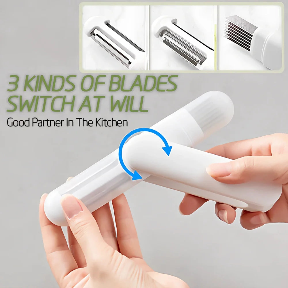 White 3-in-1 rotary paring knife with stainless steel blades showing 360° rotating mechanism