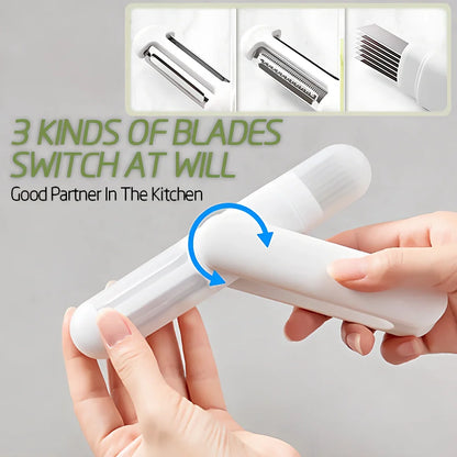 White 3-in-1 rotary paring knife with stainless steel blades showing 360° rotating mechanism