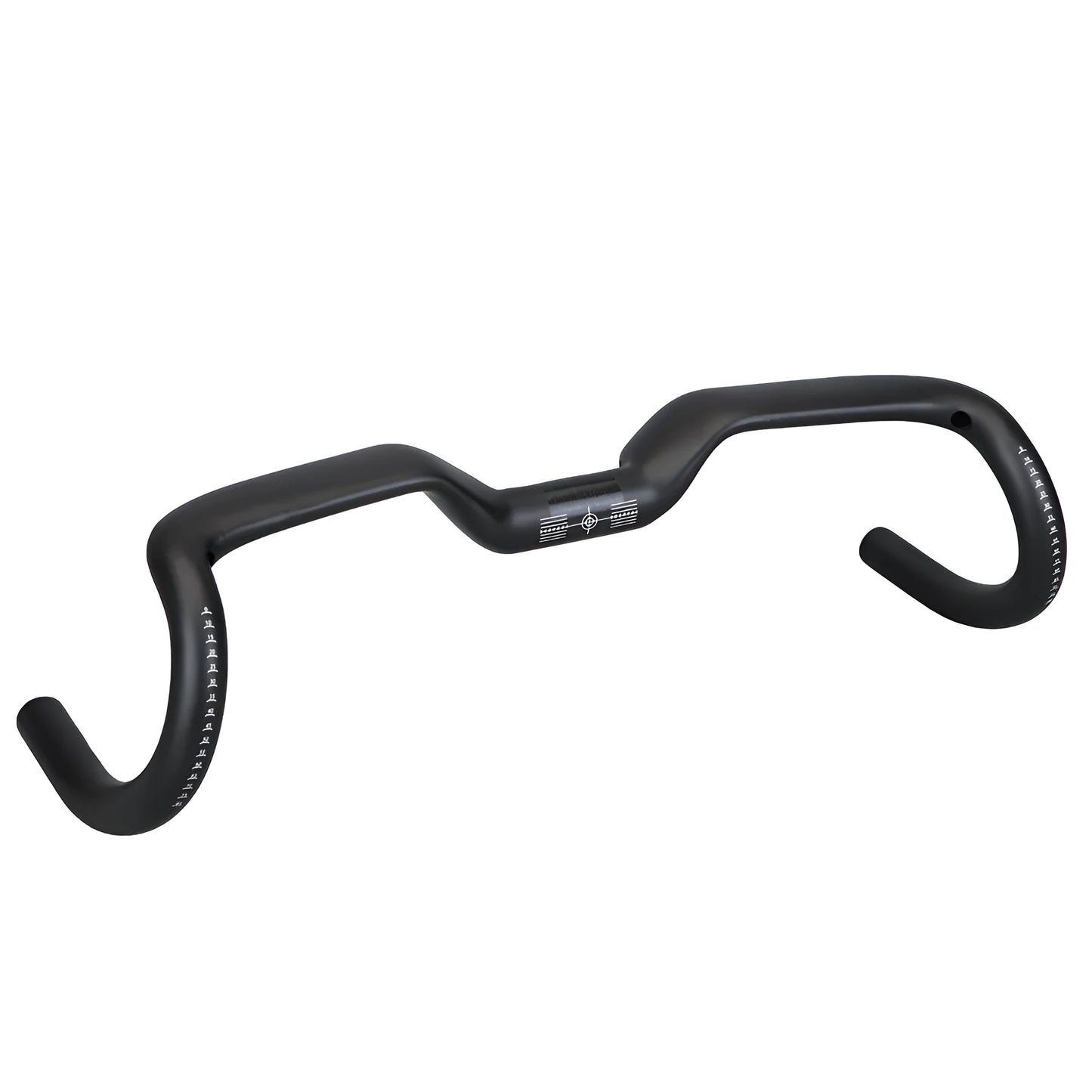 Black carbon fibre road bicycle handlebar showing large-angle outer sweep and 31.8mm clamp area.