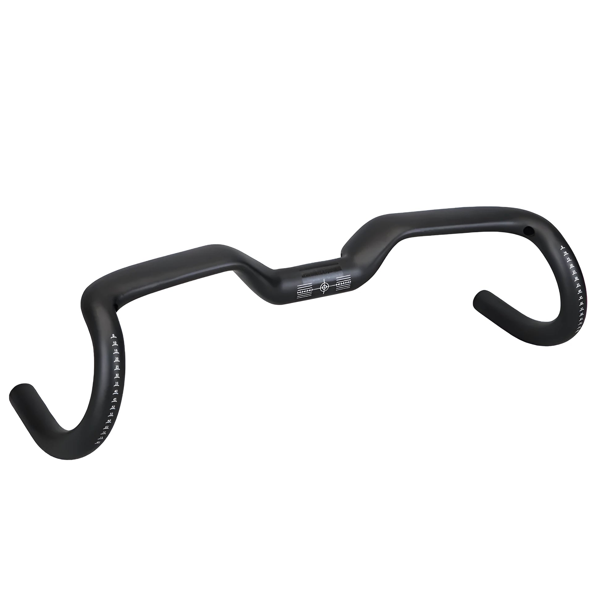 Black carbon fibre road bicycle handlebar showing large-angle outer sweep and 31.8mm clamp area.