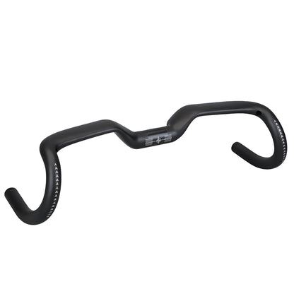 Black carbon fibre road bicycle handlebar showing large-angle outer sweep and 31.8mm clamp area.
