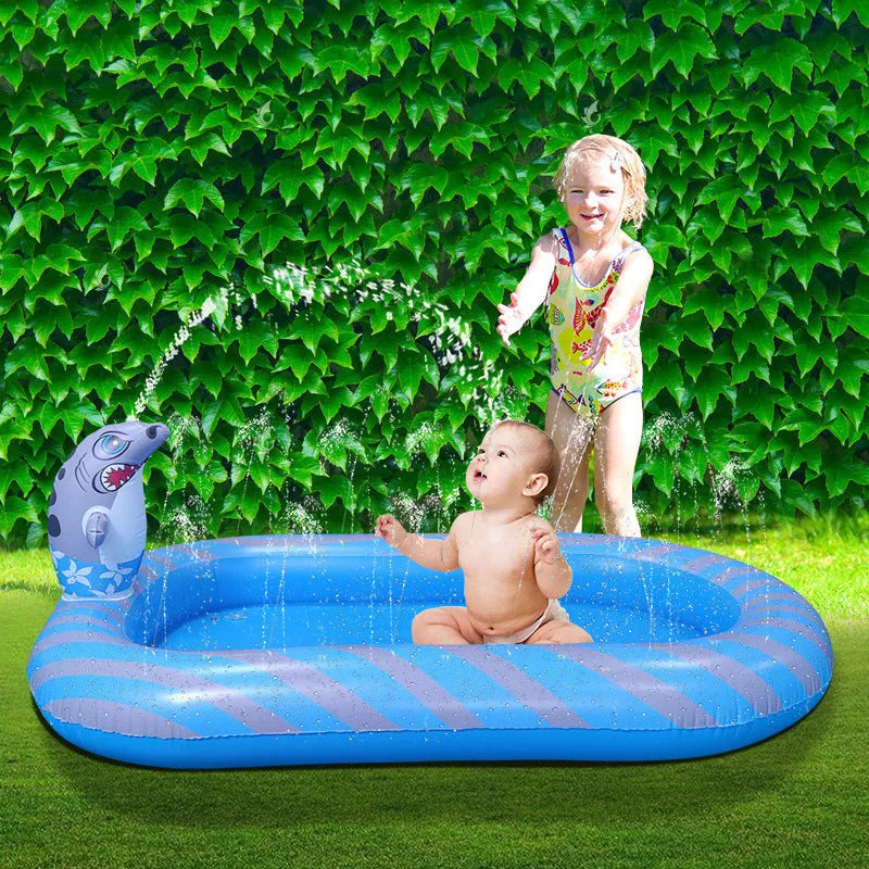Blue dinosaur inflatable water spray pool measuring 170cm long for children's outdoor play