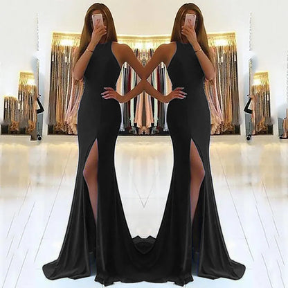 Red long evening dress with hollow detailing, high waist, and large swing skirt made from knitting fabric.
