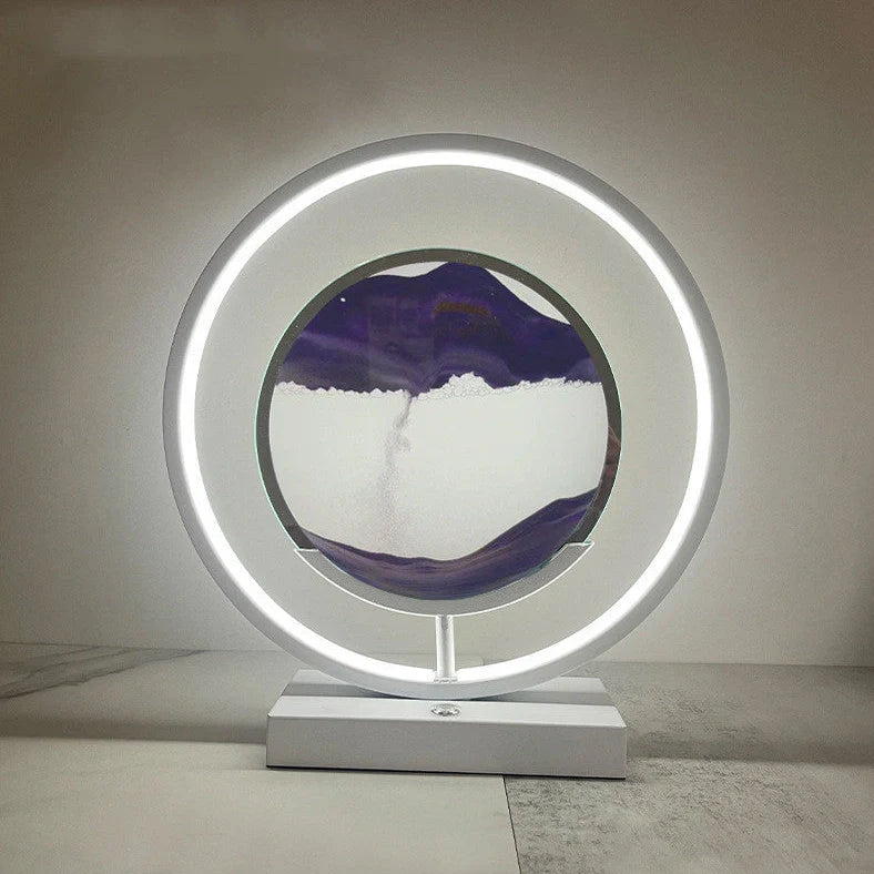 Creative minimalist quicksand table lamp with adjustable three-colour LED lighting on wooden surface