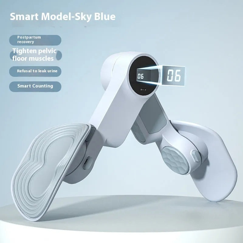 Pelvic floor muscle trainer leg clamp in sky blue or white peach pink with 360° rotation and optional intelligent counting