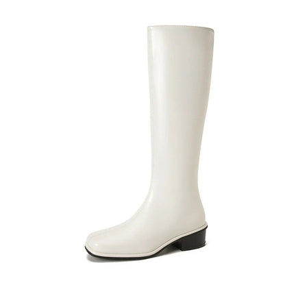 Black square toe over-the-knee boots with 4cm chunky heel showing leather interior and rubber sole