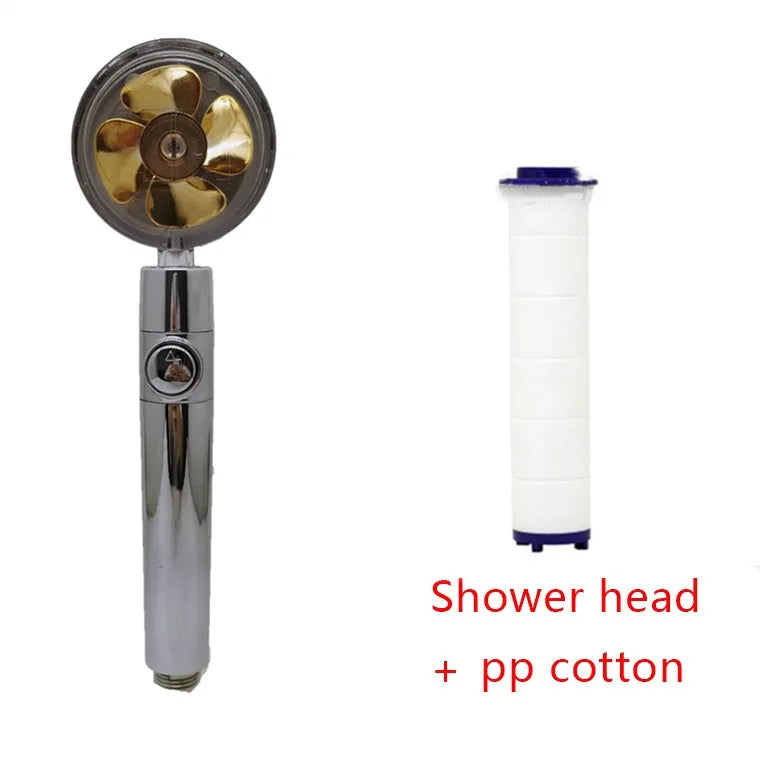 Chrome-finished ABS plastic water-saving shower head with a round, rotating spray head.
