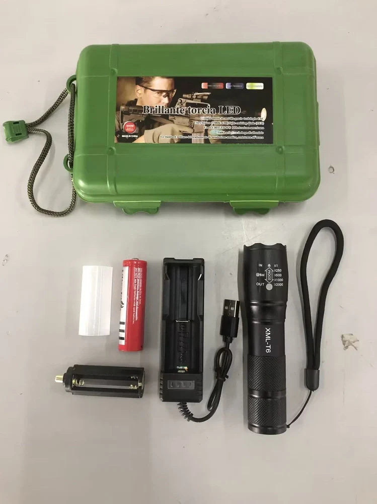 Black aluminium alloy tactical flashlight with telescopic focus and five lighting mode buttons