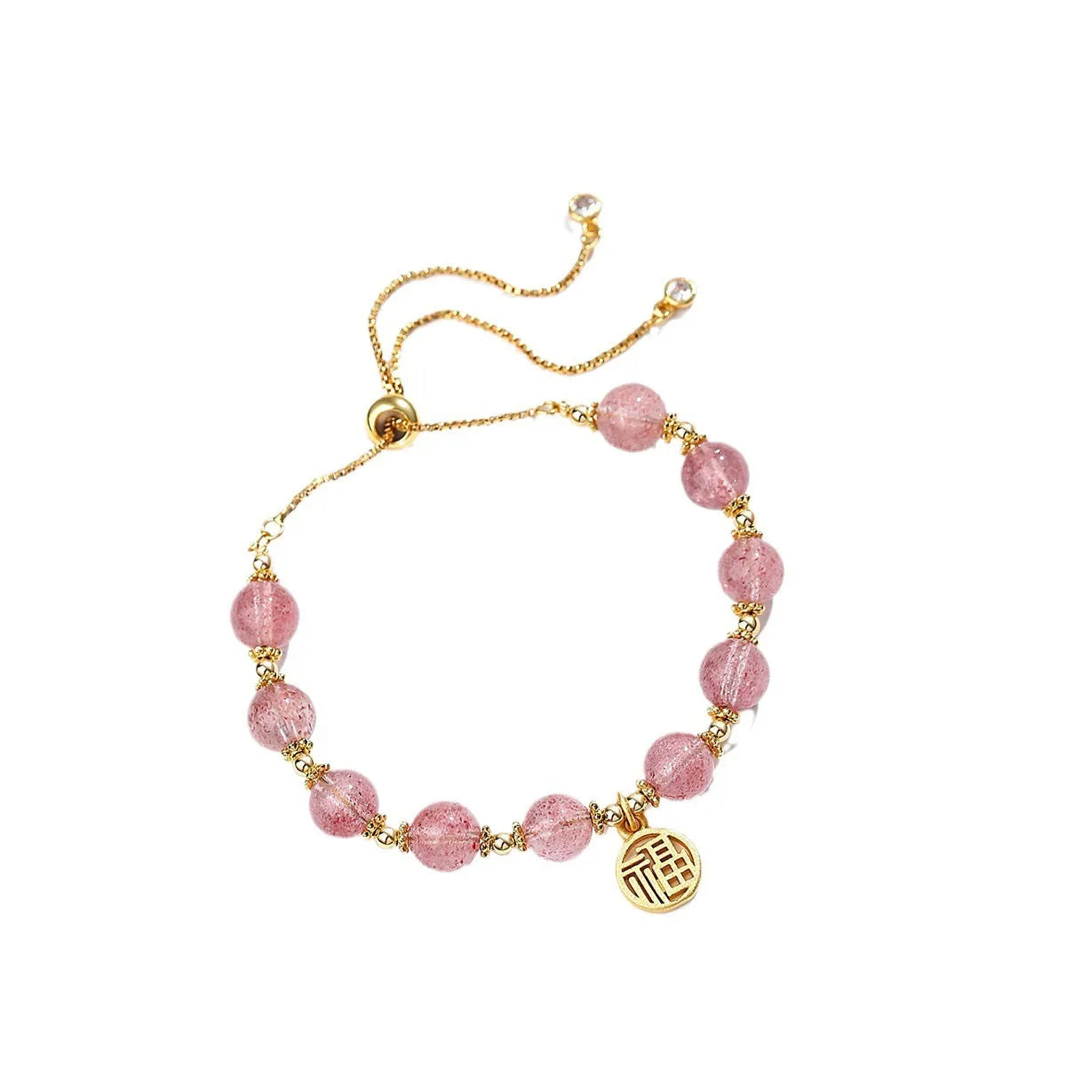 Strawberry quartz bracelet with gold electroplated metal and engraved fu character geometric jewellery design