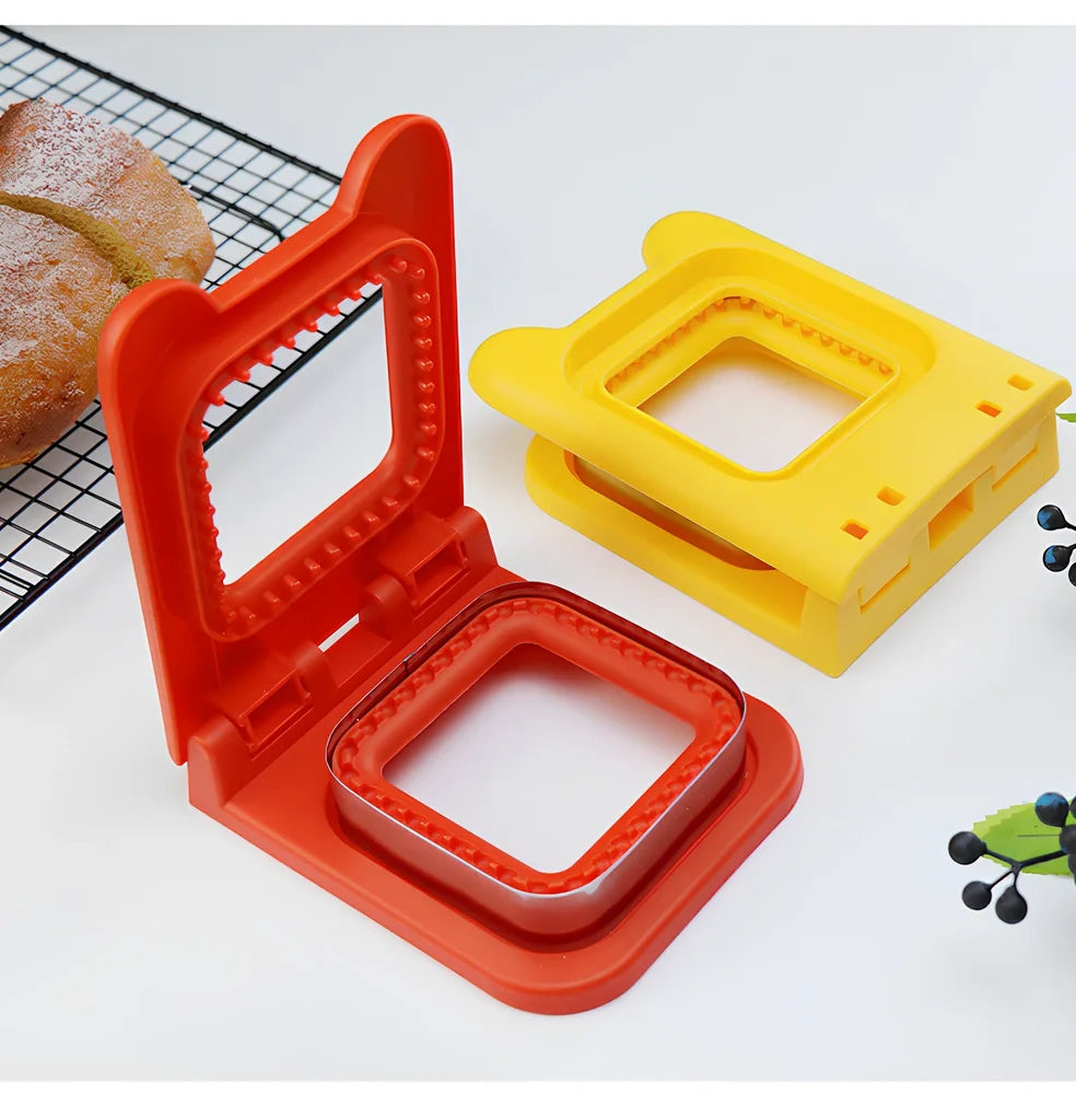 Red square sandwich press mould creating hemmed breakfast sandwiches with clean edges