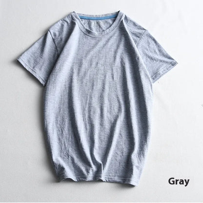 Men's solid colour cotton round neck T-shirt on a hanger, short sleeve casual style.