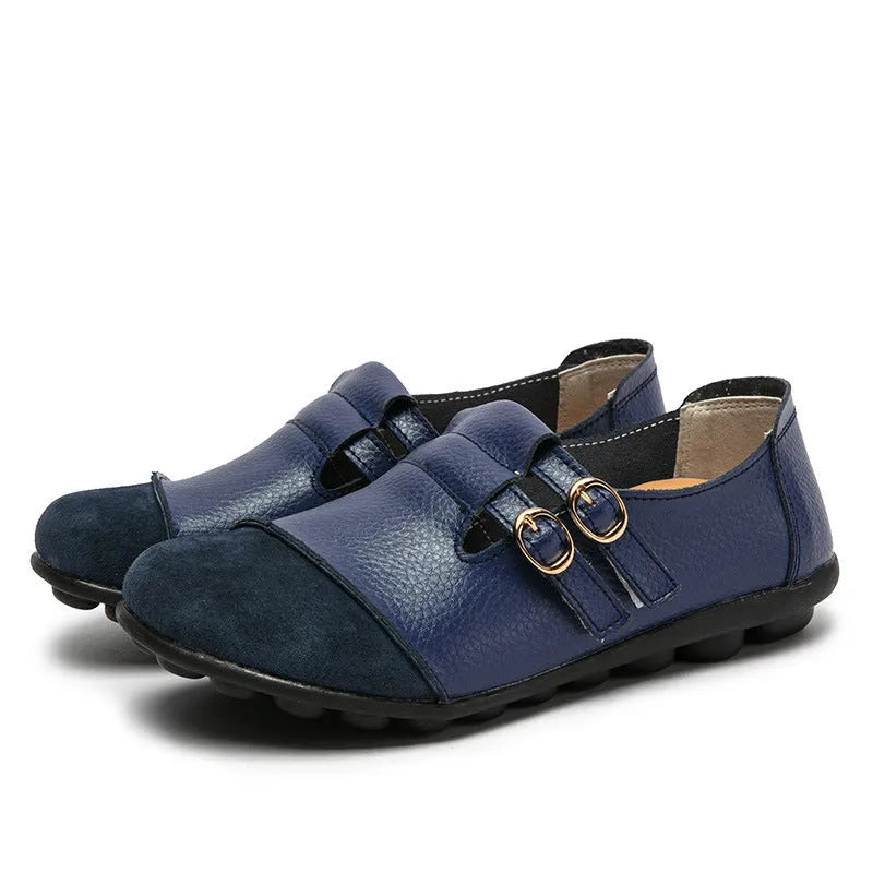 Women's low-top casual shoes in black with Velcro strap and rounded toe, showcasing cow split leather upper and beef tendon sole.