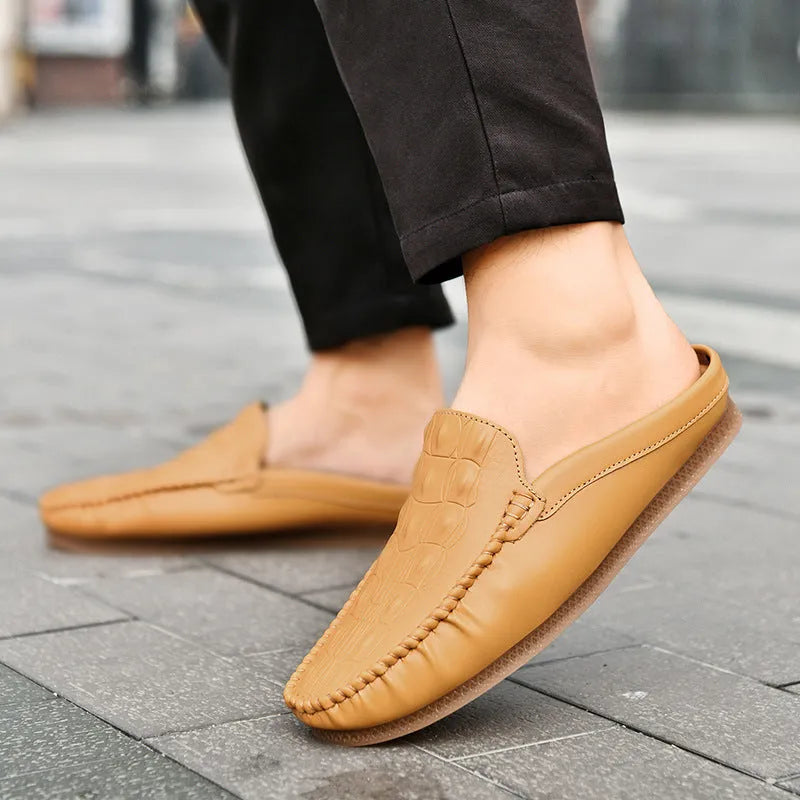 Men's black, grey and yellow summer semi-slippers with rubber soles and breathable artificial PU uppers