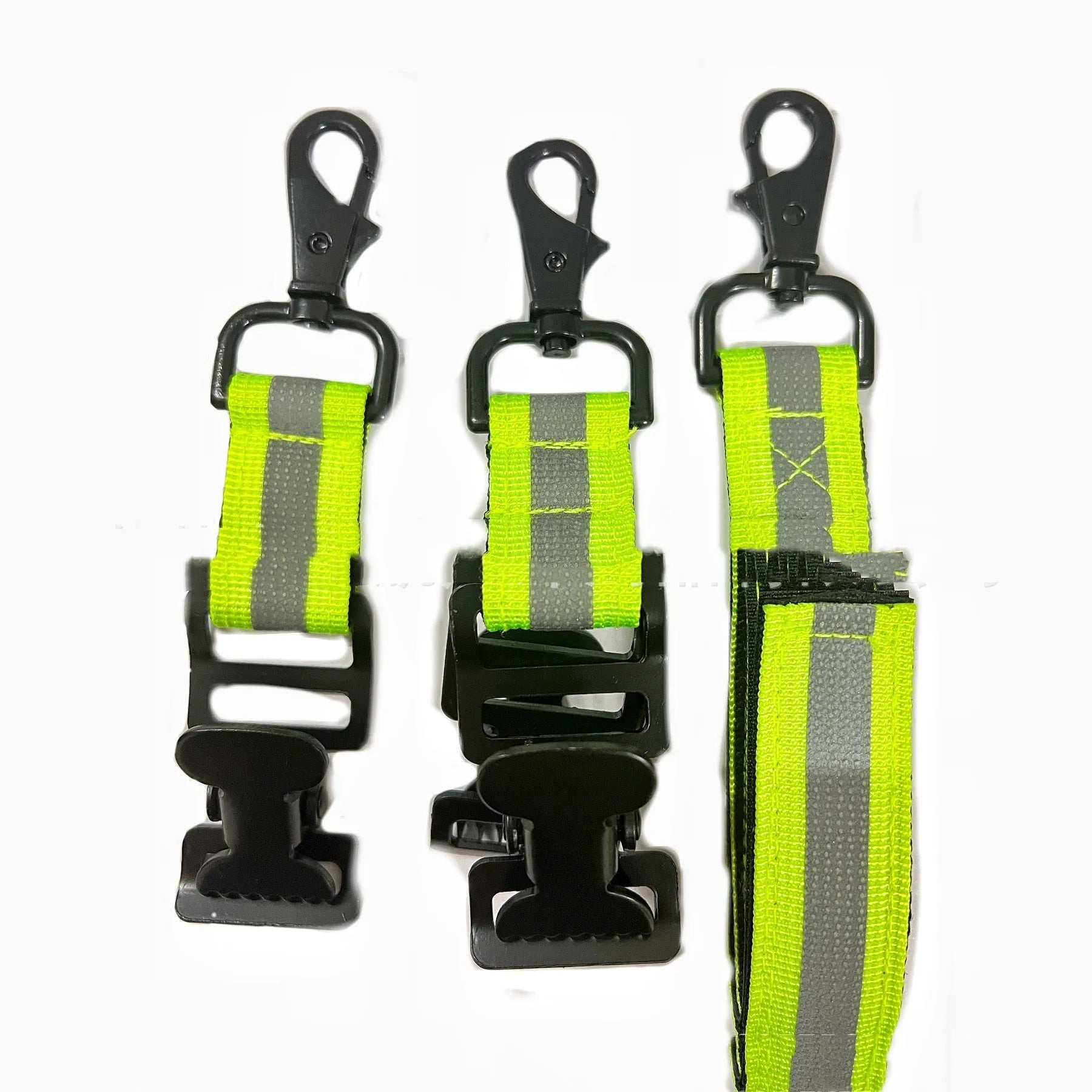Fluorescent green metal buckle clip for glove attachment with reflective tape and nylon lining