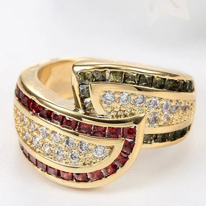 Gold-coloured women's peridot ring with synthetic green stone on alloy band