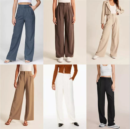 Women's high waist straight trousers with pockets and wide leg design in various colors