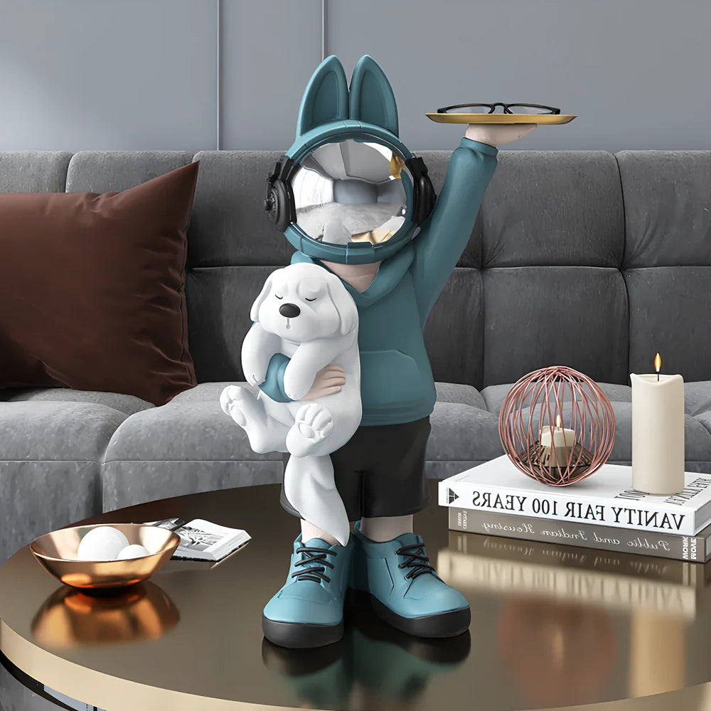 Glass steel astronaut rabbit sculpture with carving details in modern cartoon style