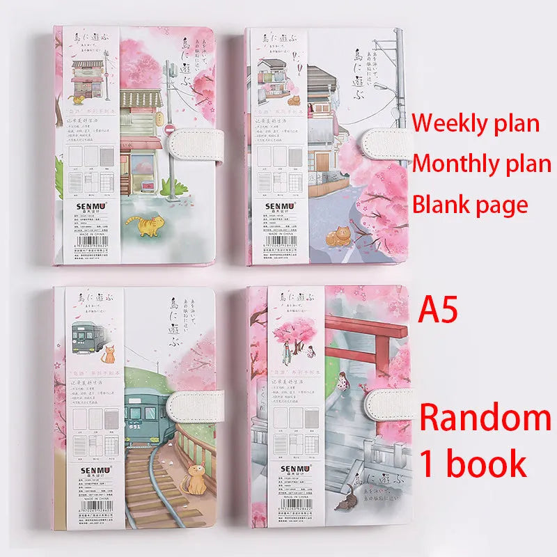 A5 wire-bound retro style notebook with nostalgic full-colour page illustrations including fly, girl, hiking, play in the water, shadow, shop, street lamp and train designs for hand accounting and journaling
