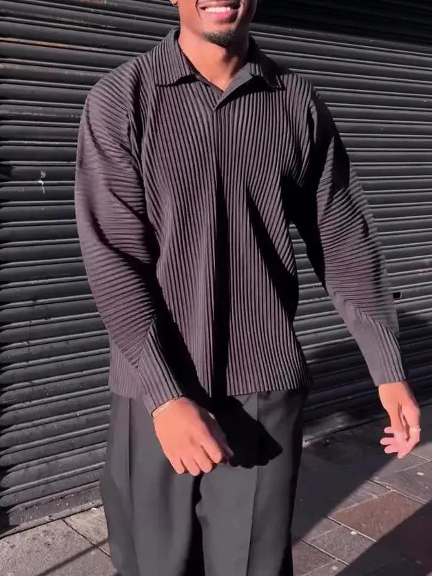 Men's Casual Pleated Long Sleeve Top in Polyester Fabric with Regular Fit, Daily Wear Style, Available in Black and Sizes S to 2XL with Detailed Size Chart Guidance for Accurate Ordering