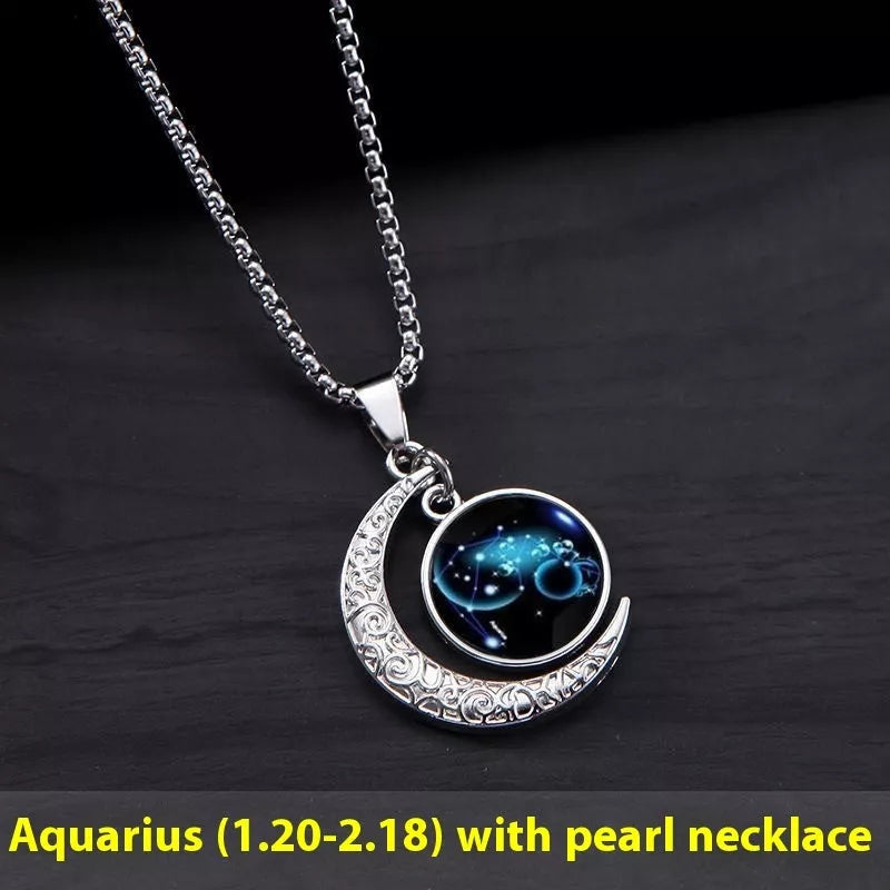 12 Constellation Glowing Necklace with luminous stone pendant and titanium steel chain