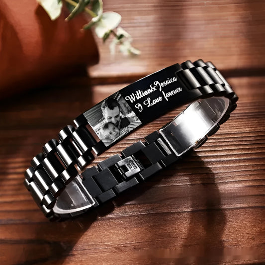 Curved heart-shaped titanium steel bracelet with electroplated lettering, presented in gift box.