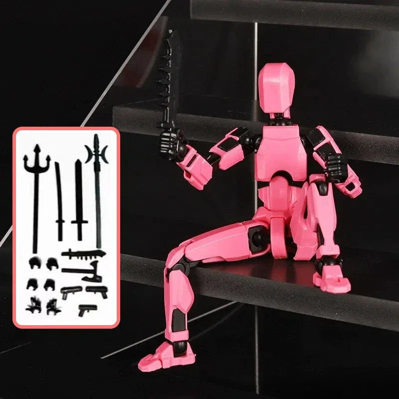 Highly posable 3D printed robot mannequin toy with interchangeable accessories, including wings and weapons