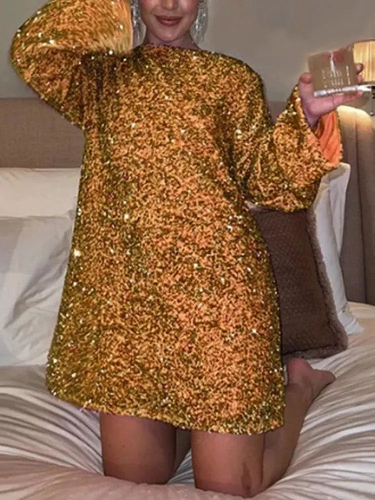 Women's sequined back-bowed dress with round neck and long sleeves in multiple colors
