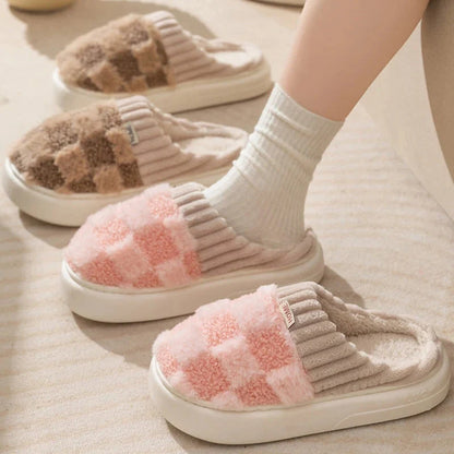 Women's plaid plush slippers with soft sole and non-slip design in various colors